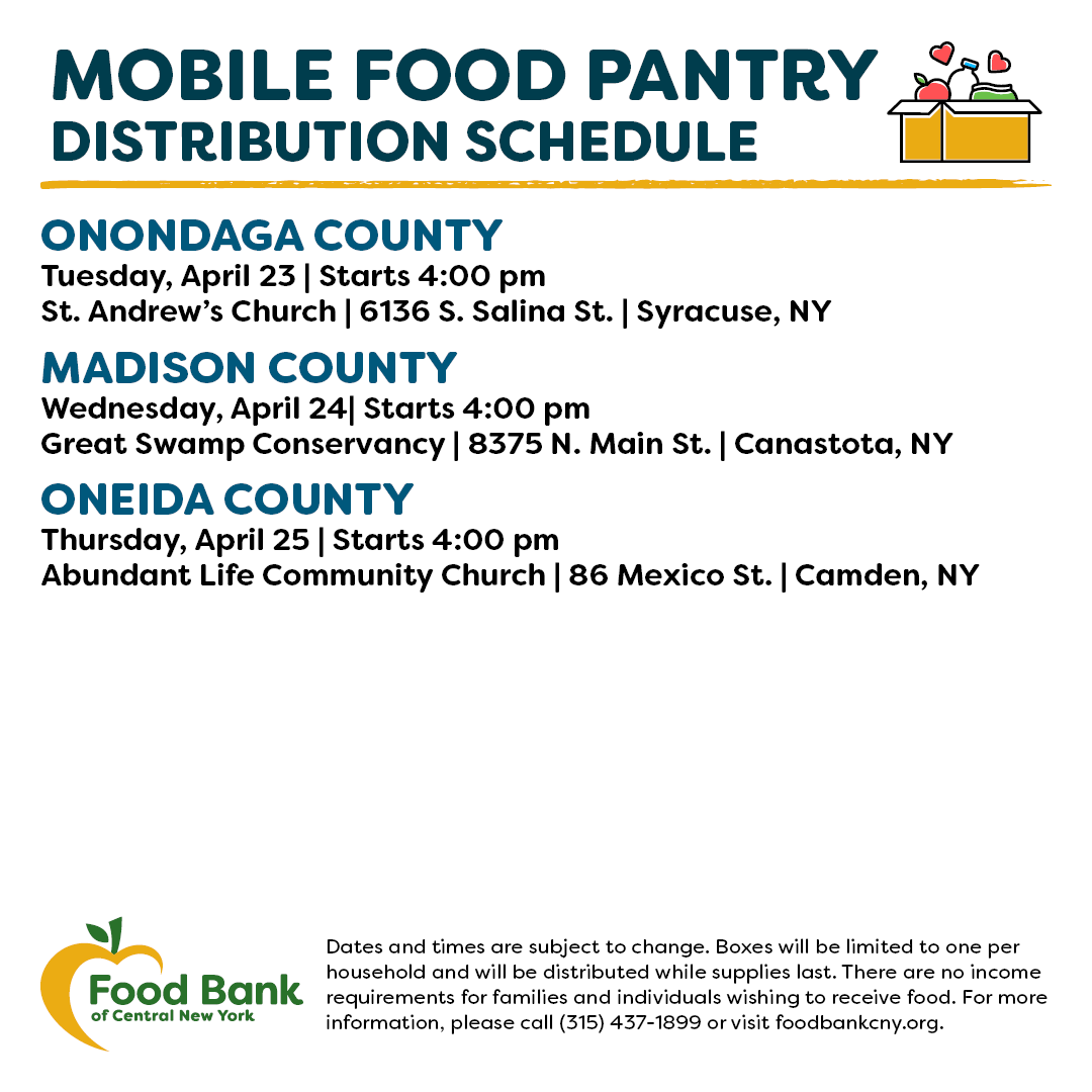 FoodBankofCNY's tweet photo. Are you or somebody you know in need of fresh food items at no cost? Here's this week's distribution schedule:โ
โ
๐Mobile Food Pantry: #Syracuse, #Canastota, and #Camden.
โ
๐Food Bank partner agency distributions: #Dolgeville, #Cortland, #Brisgeport, #Syracuse and #Vernon. https://t.co/jx9jMRhZzQ