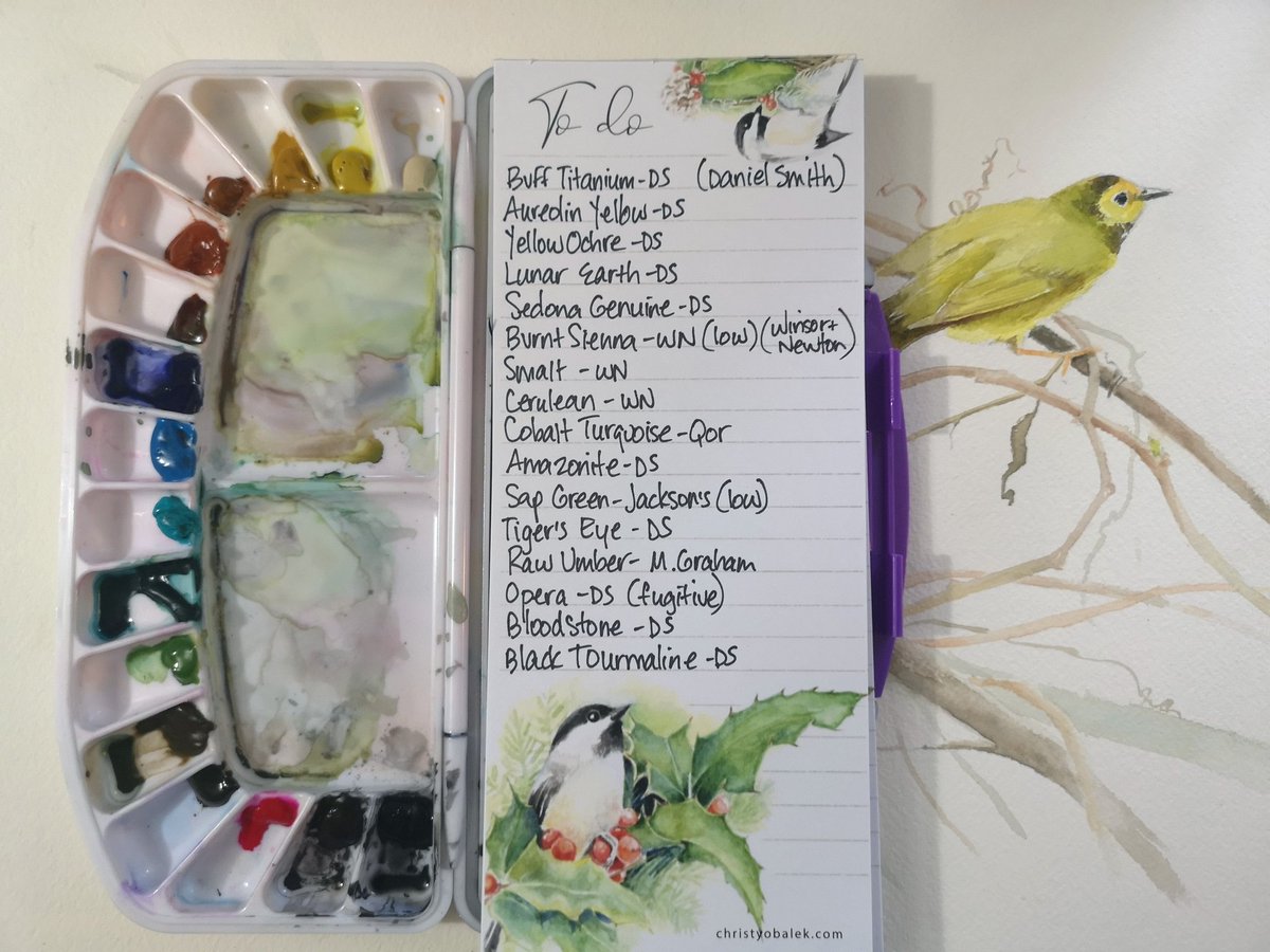 Here is the list of colours in my 'low staining' watercolour palette. Most are #danielsmith..a note about Opera - it isn't lightfast, so I rarely use it but it's my only non-staining rose. I threw in sap & burnt sienna which stain a little bit. #watercolor #paint