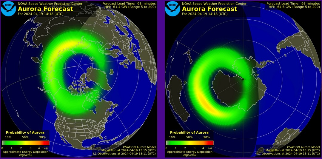 The Bz component of the interplanetary magnetic field (IMF) has been predominantly pointing south the past several hours. A minor (G1) geomagnetic storm watch is currently in effect until 15:00 UTC (Apr 19).