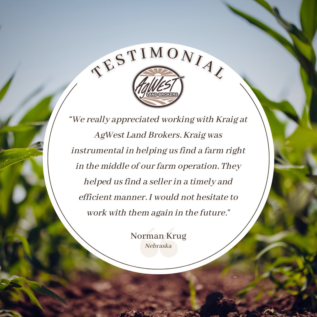 Why do our clients choose AgWest Land Brokers? Our client testimonials say it all! Let Kraig help you with all of your buying and selling needs.
Kraig Urkoski - (308) 548-8431

agwestland.com/agent/kraig-ur…
#agwestlandbrokers #TestimonialTime #whychooseus #WeSellLand