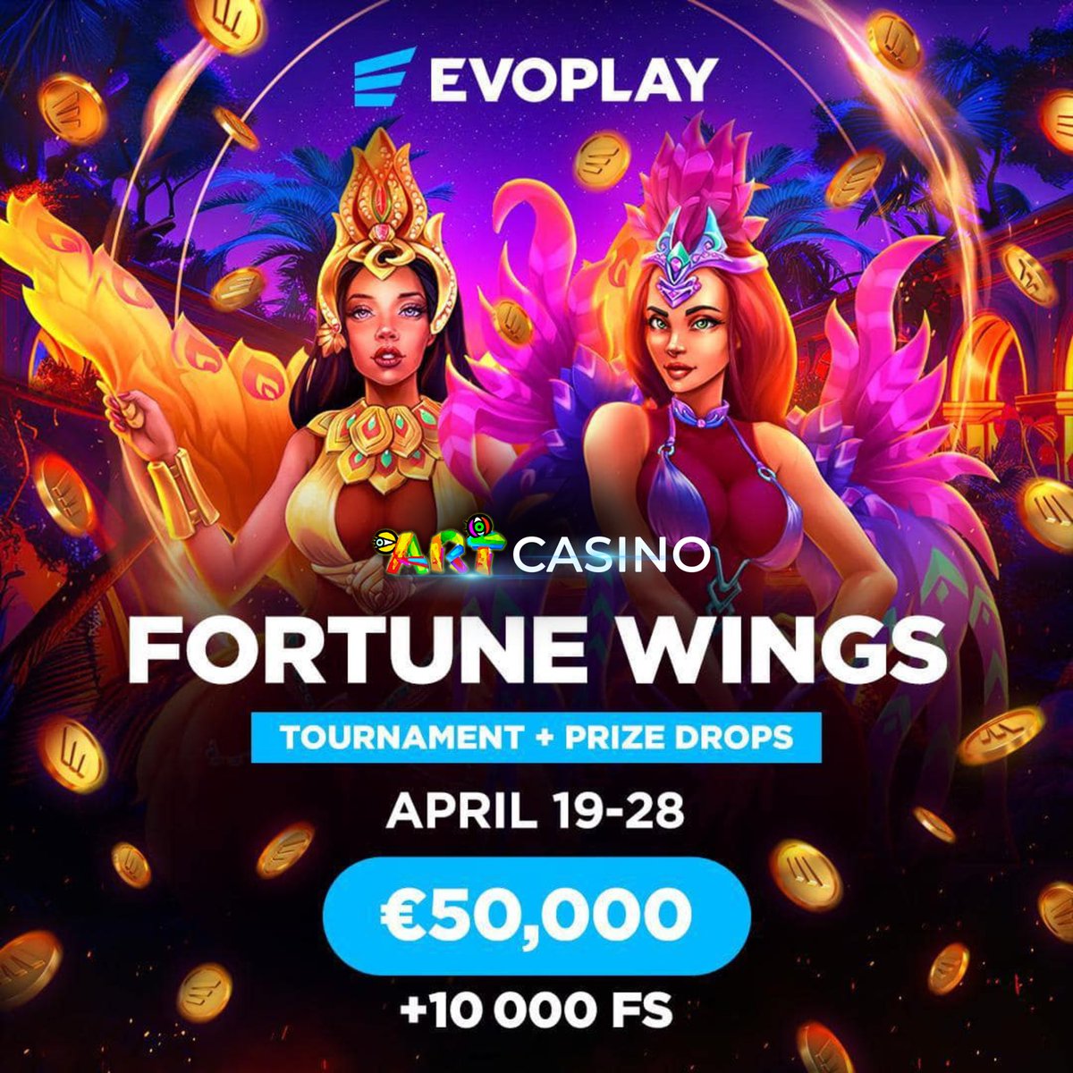 🎪🎉 Evoplay’s colorful carnival is here! 🎡💸 Play slots and win cash rewards and free spins. Join Fortune Wings for a 50,000€ prize pool and 10,000 free spins from April 19th to 28th! #EvoplayCarnival #PrizeDrops #FortuneWings #FreeSpins #BigWins #ArtCasino