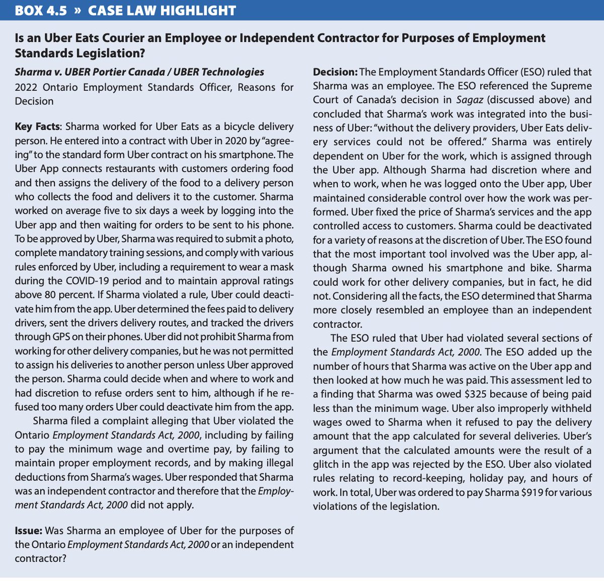 Big case called Uber Portier Canada v. Sharma resuming at OLRB today. Case will decide if Uber couriers are 'employees' under Ontario Employment Standards Act. My summary of decision finding Uber couriers ARE employees from Law of Work (3rd). Uber challenging this ruling. 1/2