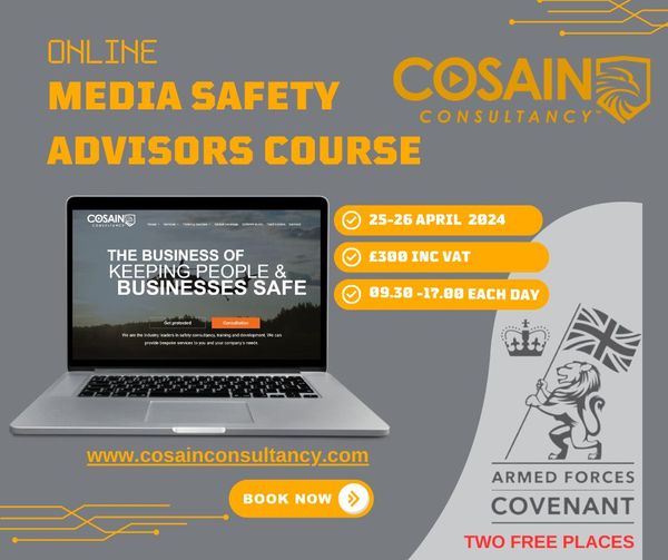 For their upcoming #mediasafetyadvisor course 25/26 April 2024, ONLINE. 
1. Currently out of work (proof needed).
2. Never worked within the media safety industry before.
Please send all applications to info@cosainconsultancy.com
#veteranshelpingveterans #givingback