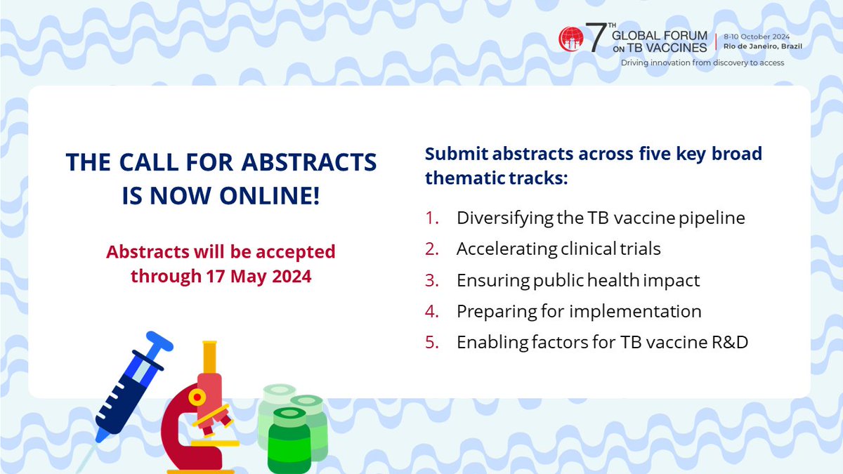 📢 The abstract submission platform is now live for the 7th #GlobalForumTBVaccines!

Submit your abstract for the chance to showcase your work on new approaches, data, &amp; results in #TBvaccineR&amp;D, policy, &amp; access.

📅 Deadline 17 May 2024

🔗Learn more at tbvaccinesforum.org/rio-de-janeiro…