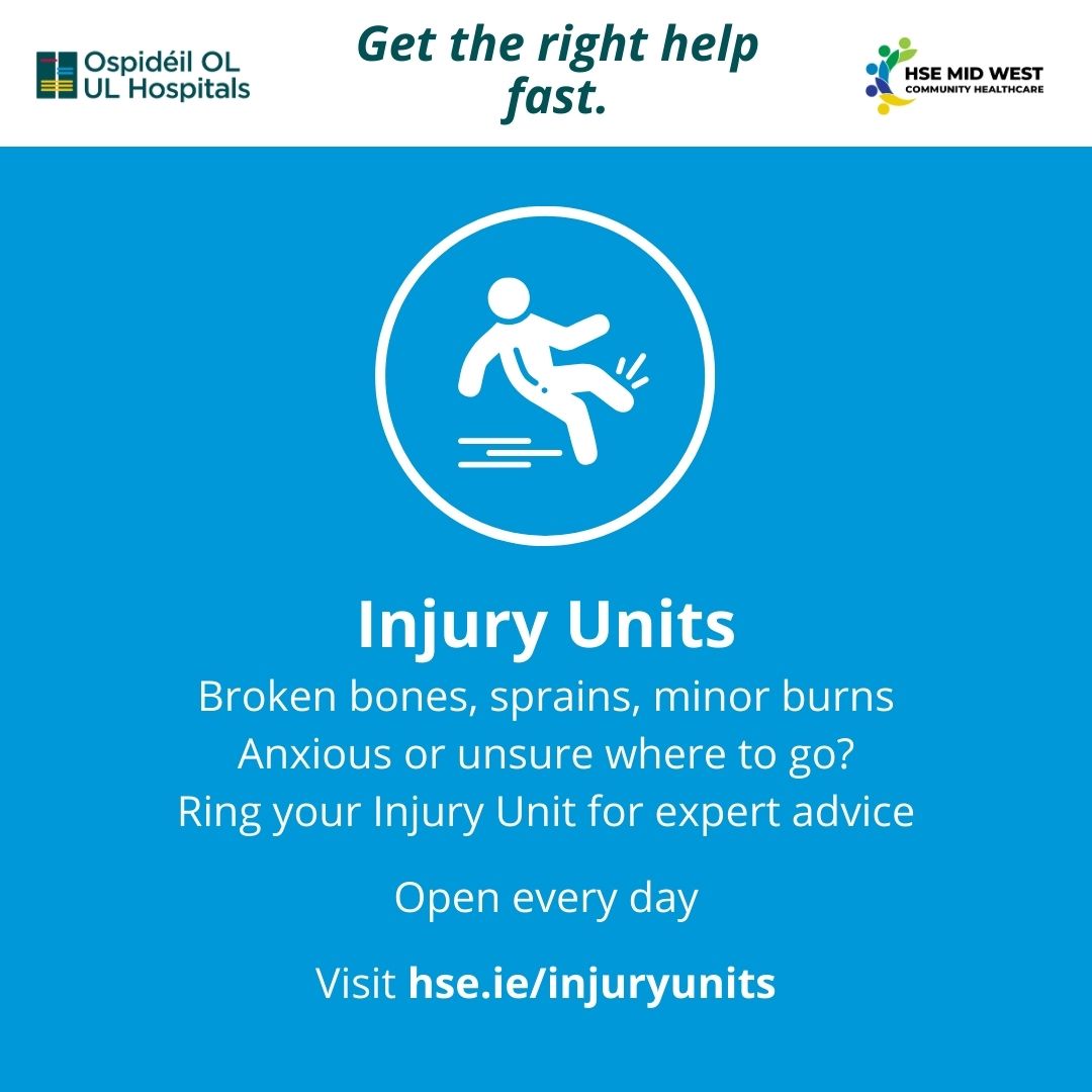 Anxious or unsure where to go? Ring your Injury Unit, our expert team can advise you. Open every day Adults and children over the age of 5 @StJohnsHospLmk | 8am-7pm,061 462132 Ennis | 8am-8pm,065 6863121 Nenagh | 8am-8pm,06742311 ➡ hse.ie/injuryunits #MyHealthMidwest