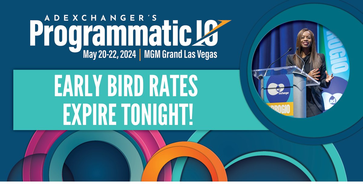 Early bird rates for Programmatic I/O Las Vegas expire tonight, April 19th! Register today to save $300. Don't miss out on your last chance for savings at #PROGIO. Secure your seat: adexchanger.com/go/programmati… . . . #AdExchanger #ProgrammaticIO #adtech #digitalmarketing