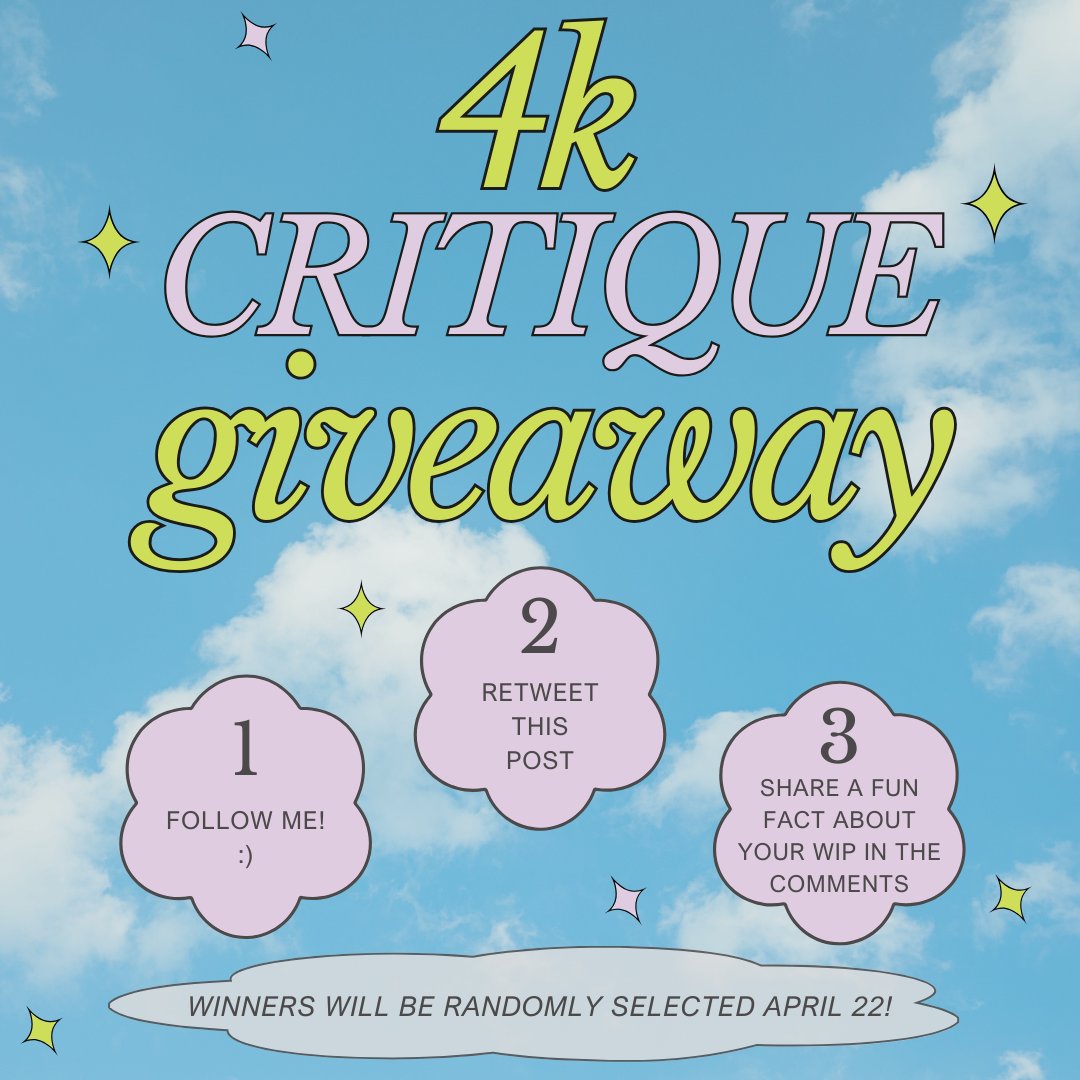 HOWDY Y'ALL! 

To celebrate hitting 4k, I want to offer up three first chapter critiques. Query, too, if you'd like - but opening chapters are the most fun! 

I'll randomly choose winners on Monday. Thank you all so much for the love and support over the years! ✨