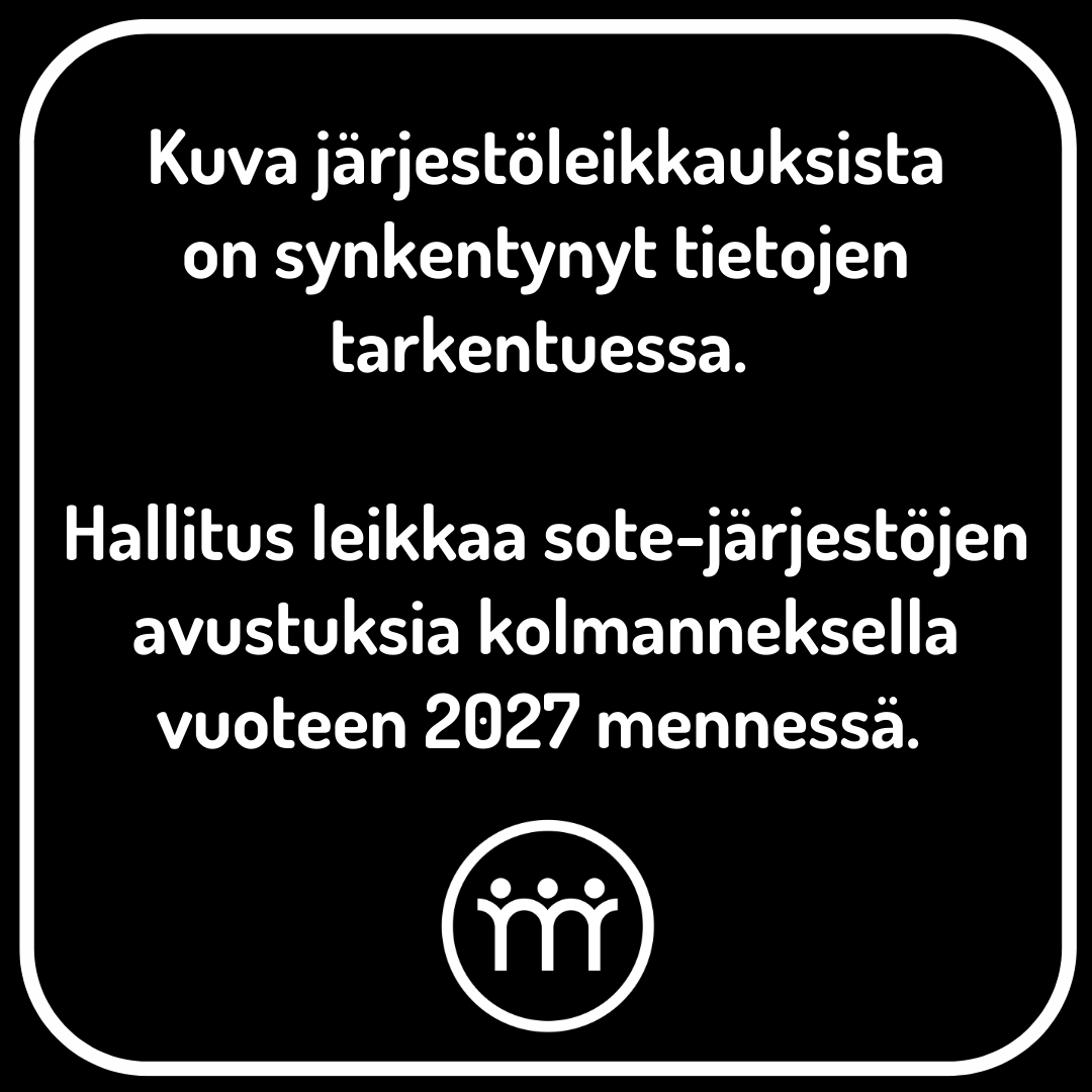 Kuva järjestöleikkauksista on synkentynyt. Hallitus leikkaa sote-järjestöjen avustuksia kolmanneksella vuoteen 2027 mennessä. 
 
Leikkaukset uhkaavat radikaalisti järjestöjen mielenterveystyötä.

#kehysriihi2024
#orponhallitus 
#mielenterveys 
#järjestöt 
#RoskiinVaan