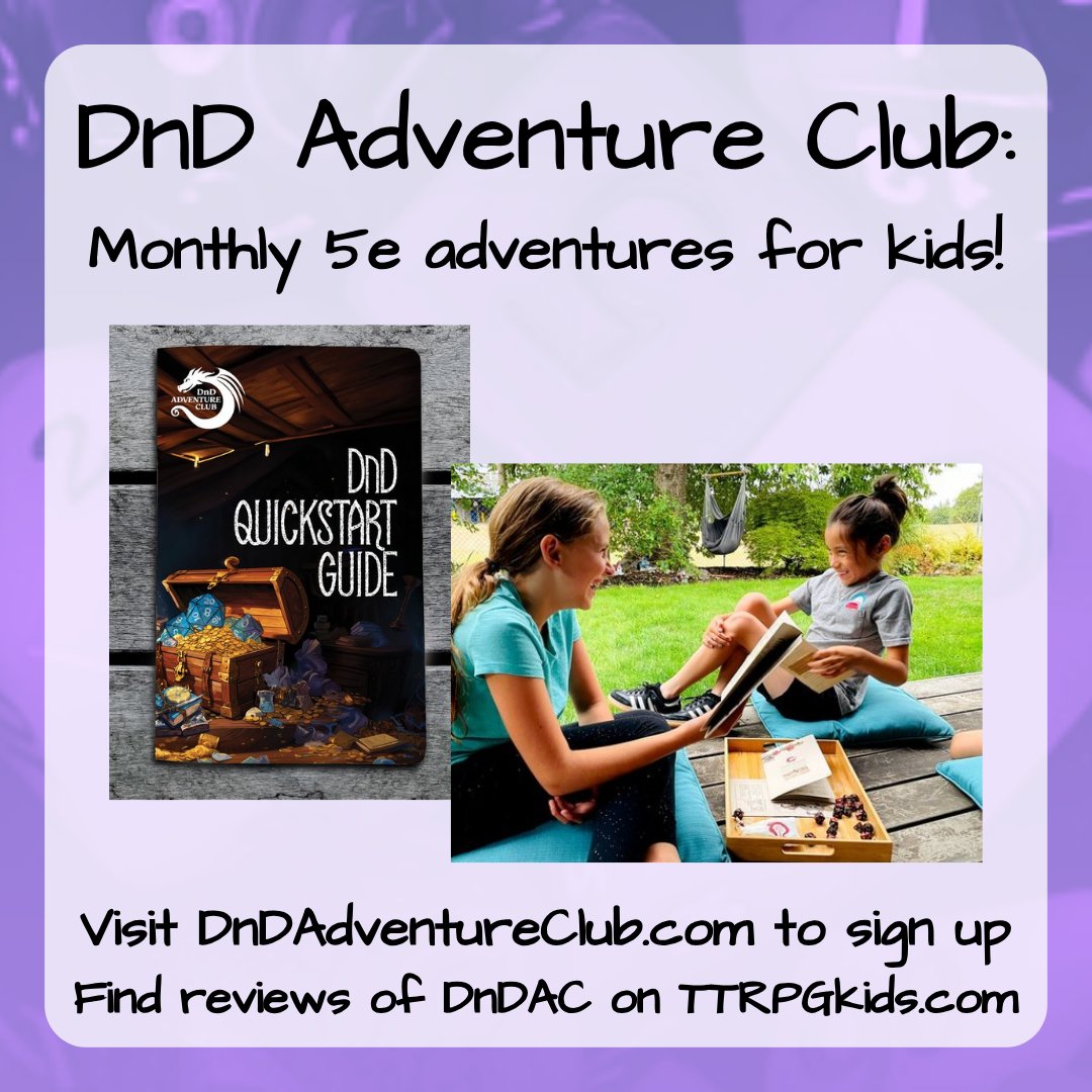 DnD Adventure Club has monthly TTRPG adventures, made particularly for young and new players, with an awesome quick-start rules book that makes it easy to pick up 5e rules!

Find out more below!

#TTRPGkids #DnDkids