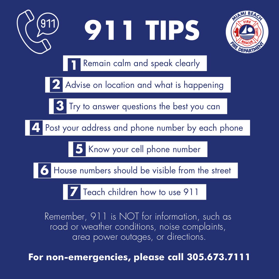 Our Miami Beach Public Safety Communications Division is dedicated to providing vital support services to the Police and Fire departments. 📞 Check out the graphic below for some quick tips for calling 911 in the event of an emergency. Learn more: miamibeachfl.gov/city-hall/fire…