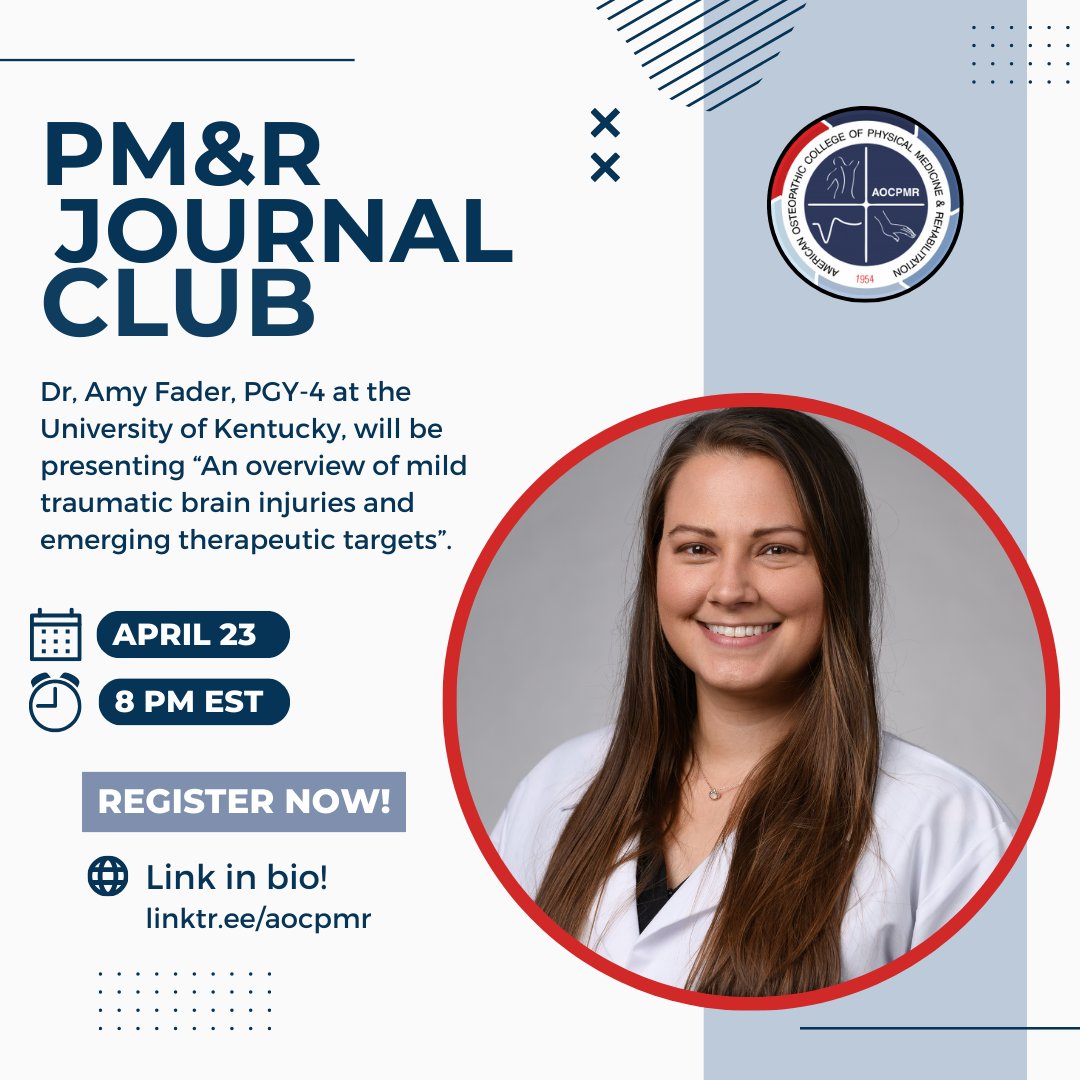 Join us Tuesday, April 23rd for @AOCPMR Journal Club with Dr. Amy Fader! Register using the link in our bio! #AOCPMR #physiatry #TBI