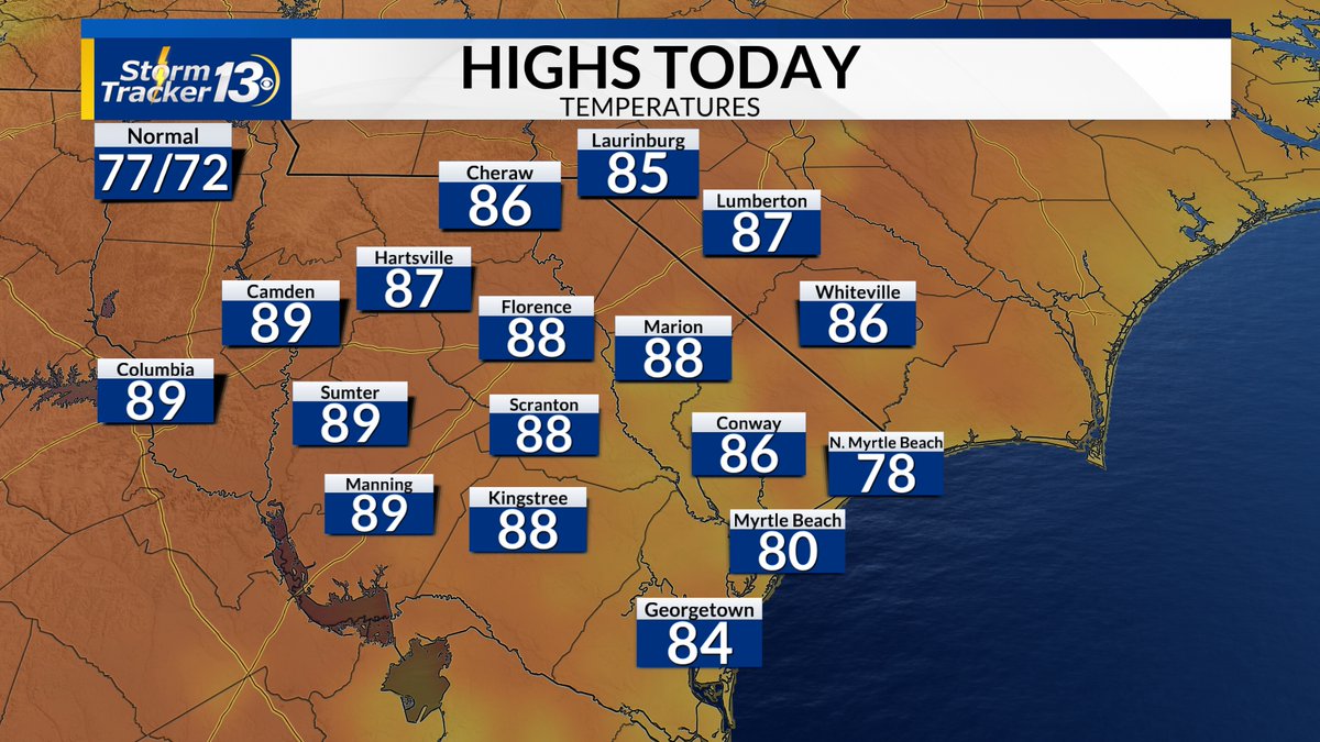 Happy Friday!! It's a beautiful start to the day with slightly cooler temps and a few clouds. Partly sunny and still warm today with highs 8-10 degrees above average. Some isolated late day storms will move through the area. #scwx #weather #forecast #Friday #weekend #sunshine