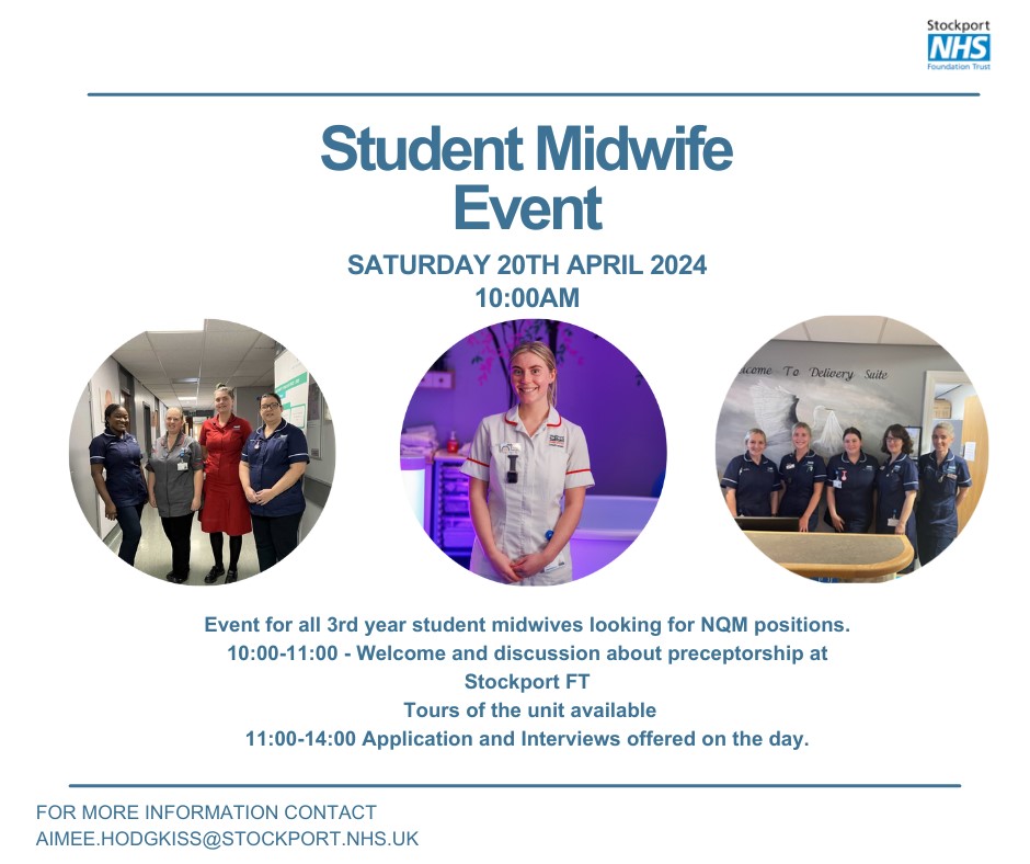 Final call for our student midwife open event tomorrow (Saturday), come along if you think you may be interested in joining our fantastic maternity team stockport.nhs.uk/event_98