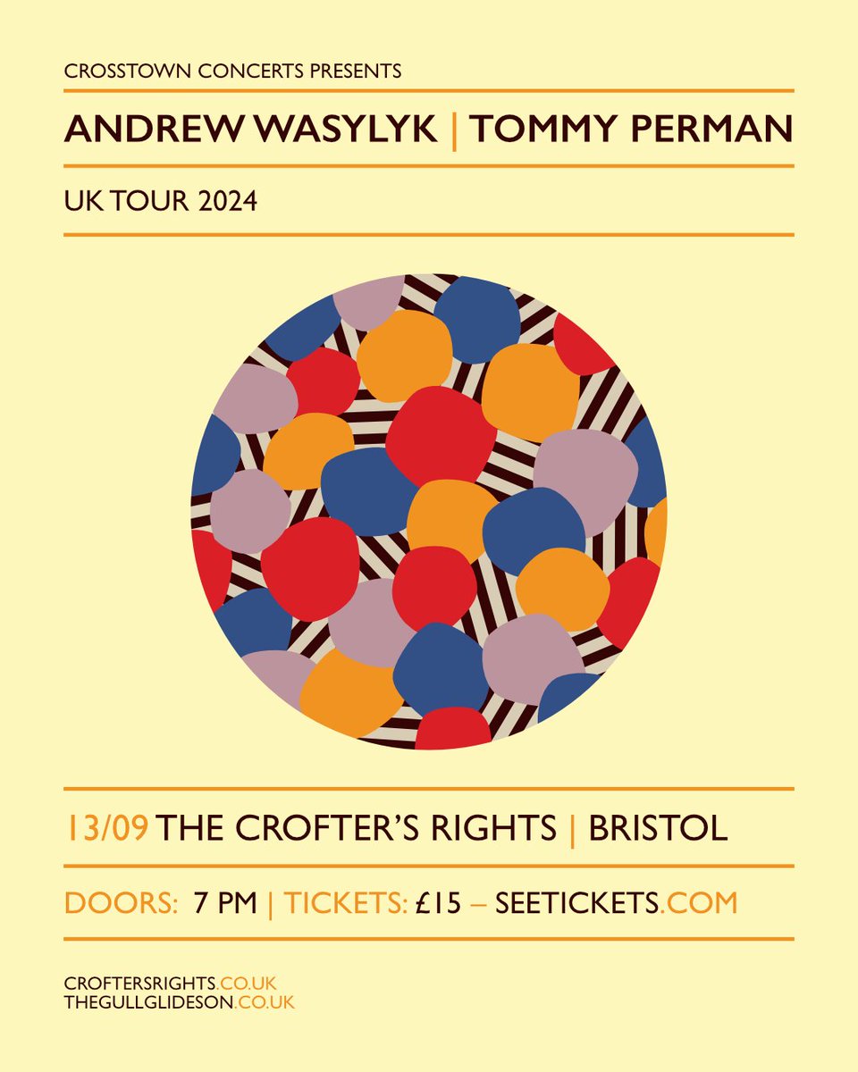 Man, love Bristol. We're lucky to be playing @Crofters_Rights Friday 13th September. C'mon out? 🎟️s now on sale➡️ crosstownconcerts.seetickets.com/event/andrew-w… (Poster: Tommy Perman)