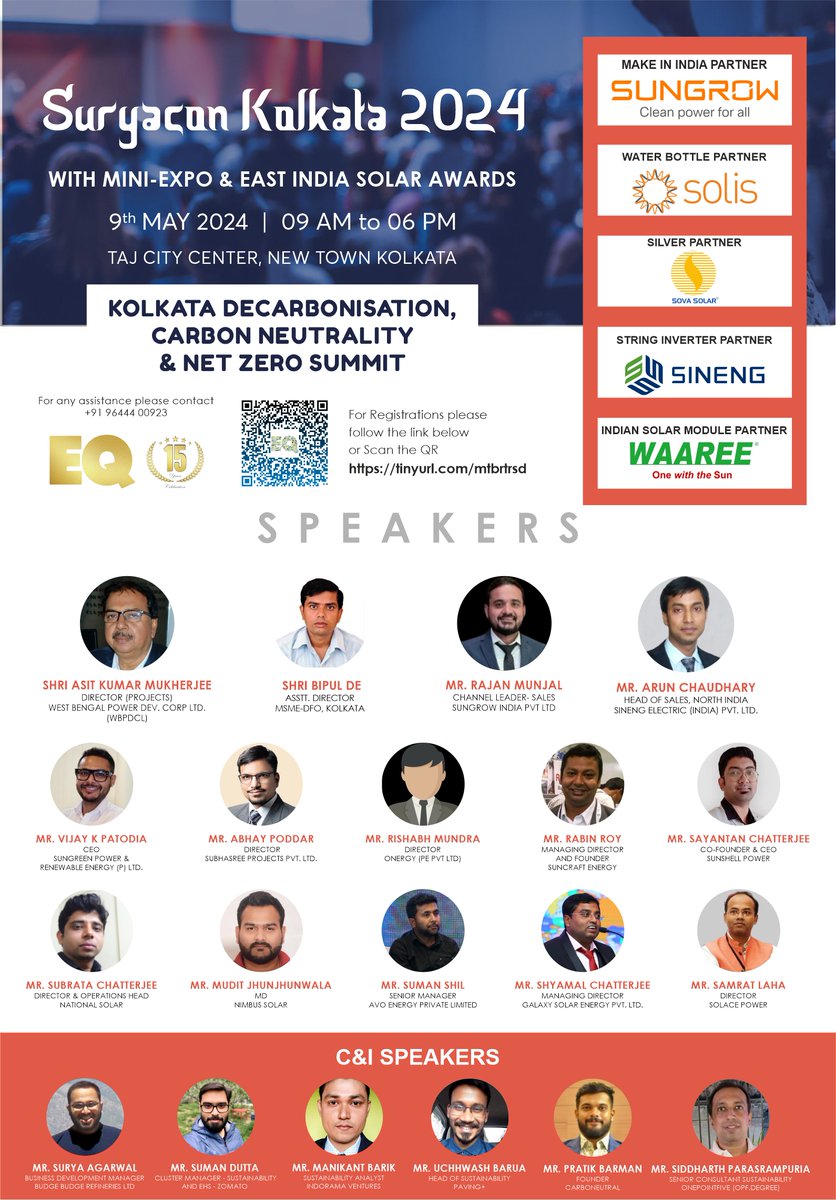 KOLKATA SuryaCon Conference, Mini-Expo + EAST India Annual Solar Awards 2024 + Kolkata DeCarbonisation, Carbon Neutrality & Net Zero  

lnkd.in/gf7d9JvT

@Sungrow_Power @Solexenergyin @Solis_Inverters
@ElectricSineng @waareegroup @SovaSolar

#EQ #KOLKATAConference