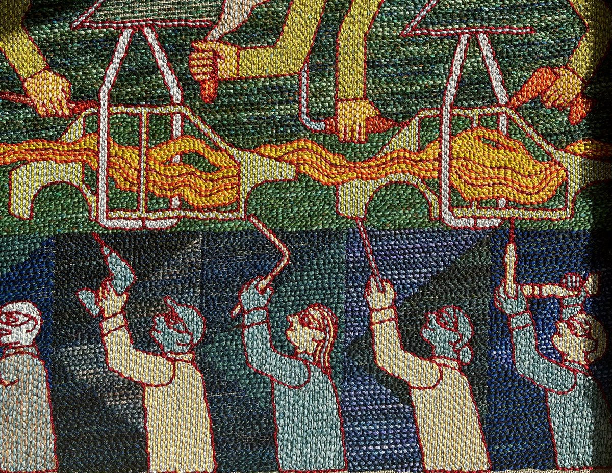 I liked that when Shawn Fain came to my studio, he pointed to the bottom of my tapestry (bottom-up is the correct order to read it) and said of the man holding the drill, “that was my job!”