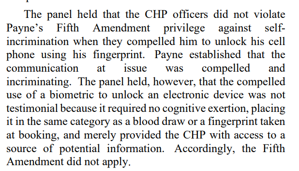 propelforward's tweet photo. 9th Cir. in #Payne finds no Fifth Amendment violation when compelling defendant to unlock phone using his fingerprint; compelled use of a biometric to unlock phone was not testimonial. Don't be lazy- use #passwords not #biometrics !  paging Prof. @OrinKerr https://t.co/33NcA3hLZx https://t.co/ShYAKj7Chp