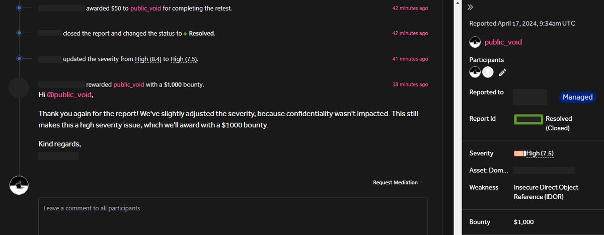 Yay, I was awarded a $1,000 bounty on @Hacker0x01! #TogetherWeHitHarder 

This was really fast ⚡️😃

Reported + Triaged on 17/04/2024
Retested on 18/04/2024
Resolved + Awarded on 19/04/2024

#BugBounty 
#CyberSecurity 

x.com/_public_void/s…
