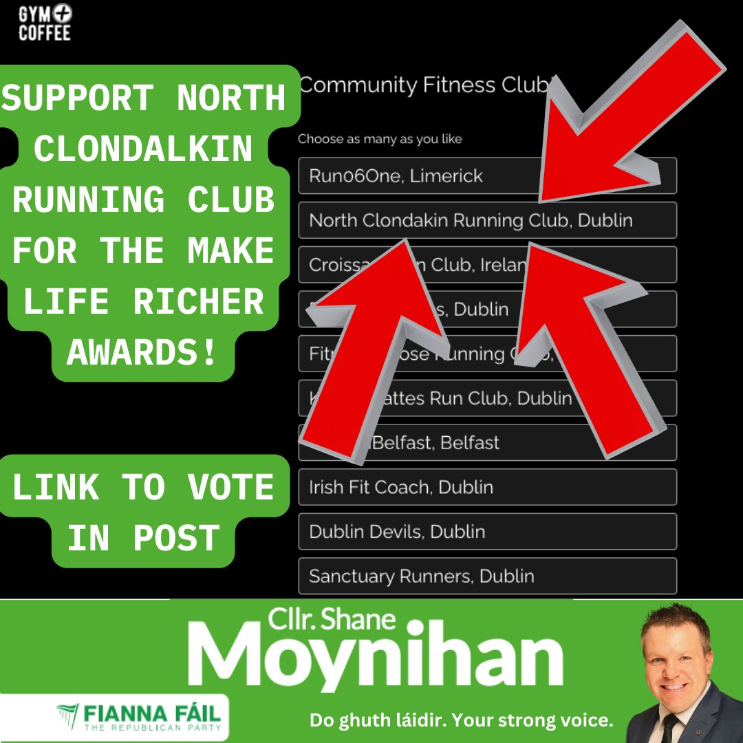 North Clondalkin Running Club have been nominated for Community Fitness Club as part of the Gym+Coffee Make Life Richer Awards. 
Anyone who knows the story of this club cannot but be inspired by how far they have come. 
You can vote for them here: gympluscoffee.com/pages/make-lif…