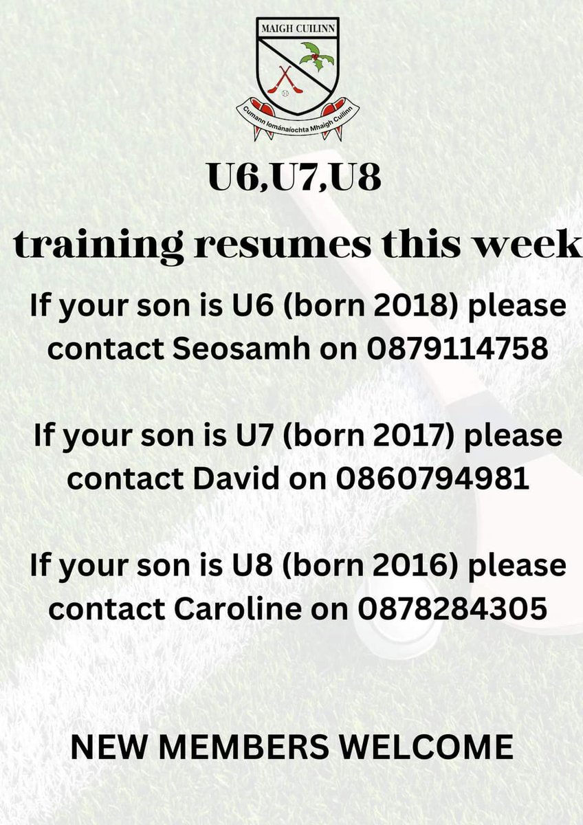 Hurling training for our Friday evening juvenile groups goes ahead this evening with u6 - u10. All new players welcome!