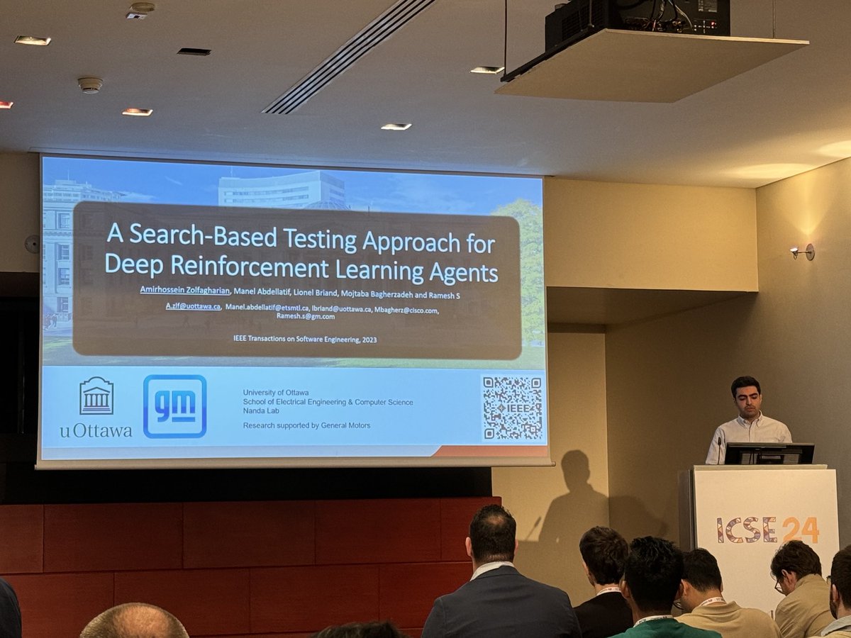 Amirhossein is presenting his PhD work on automated testing and analysis of reinforcement learning agents. #icse2024. Collaboration with General Motors.