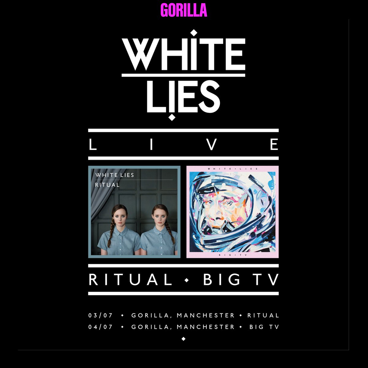 .@whiteliesmusic are stopping at Gorilla on the 3rd and 4th July celebrating their much adored albums Ritual and BIG TV. The beloved band will be playing each album in their entirety for the 1st time, accompanied by further from catalogue. Tix on sale Tuesday 23rd April at 9am