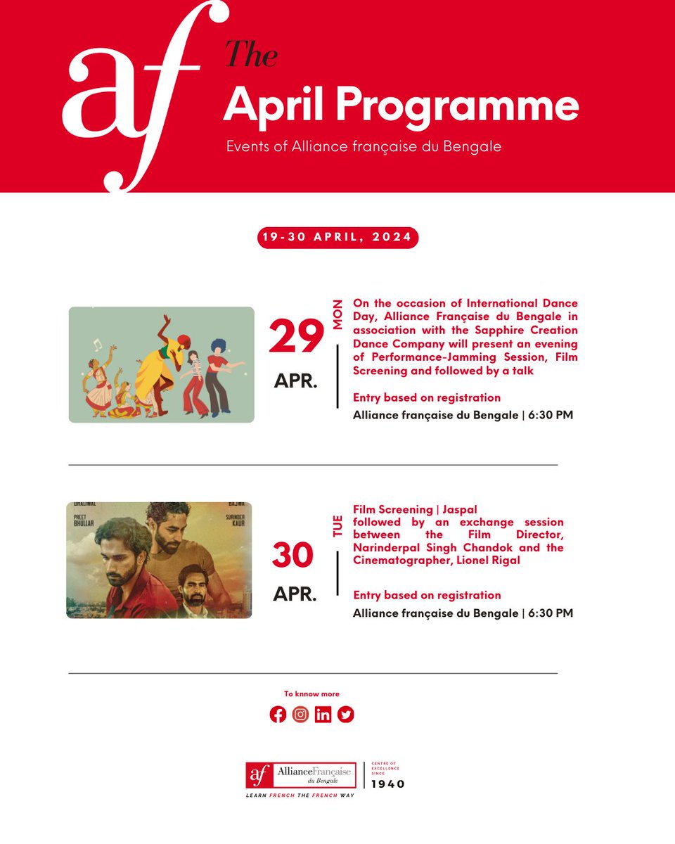 🎭🎶 Exciting Cultural Lineup Ahead! 🎨📚 Bonjour, friends! Get ready for an enriching journey through music, poetry, dance, and cinema with our upcoming cultural calendar at Alliance Française du Bengale. 🇫🇷✨ Stay tuned to our socials for registration links. 🔗