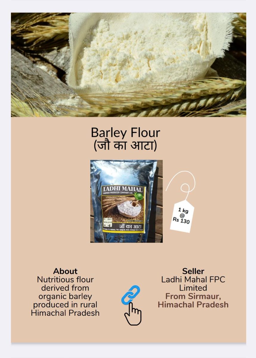 Flour Power!

Barley flour- prepared from organic barley grown by #FPO farmers of Himachal Pradesh. Cholesterol reducing, fibre-rich delight that boosts bone strength!

Order at 👇

mystore.in/en/product/bar…

💪
@AgriGoI @ONDC_Official @PIB_India @mygovindia #VocalForLocal #Healthy