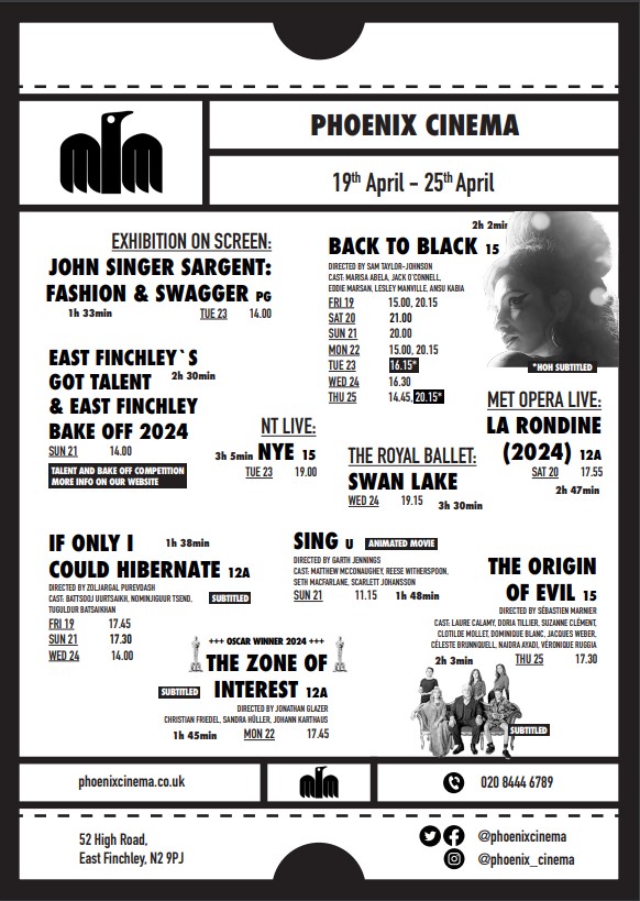 This week's film line-up is out & we have a great selection for you: BACK TO BLACK IF ONLY I COULD HIBERNATE EOS: JOHN SINGER SARGENT NT LIVE: NYE THE ORIGIN OF EVIL THE ZONE OF INTEREST ROYAL BALLET: SWAN LAKE MET: LA RONDINE #WhatsOn #communitycinema @EastFinchleyN2