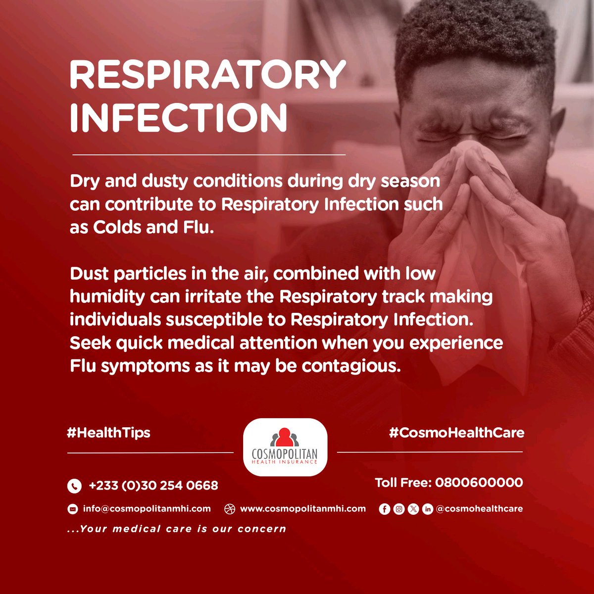 #HealthTip Alert!

On the diseases associated with HEAT, here's one. 

Respiratory infection.

Have you encountered any respiratory infection during the heat period?

Stay safe and stay healthy.

#CosmoHealthCare
#TGIF