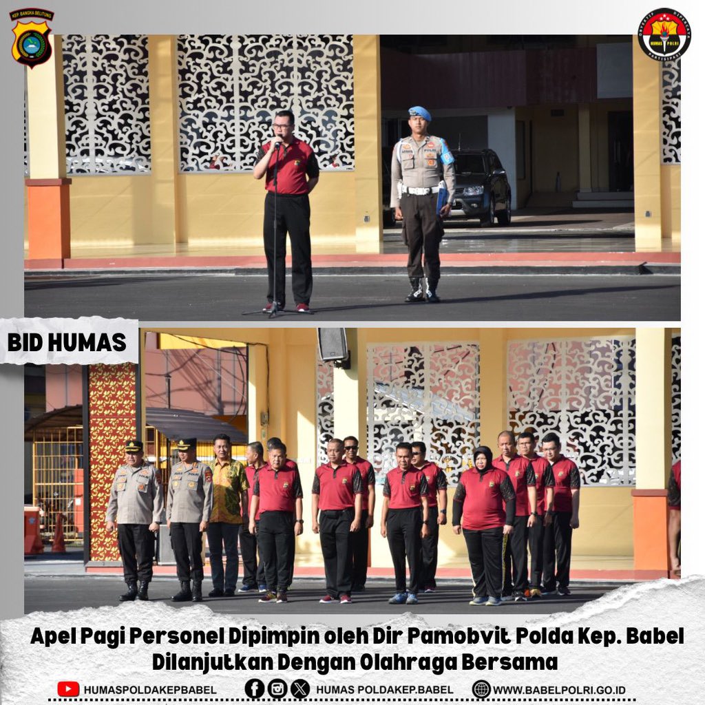 Apel Pagi Personel Polda Kep. Babel dipimpin oleh Dir Pamobvid Polda Kep. Babel Kombes Pol Kristato Yoga Darmawan, S.I.K., M.Si. Jum’at, 19 April 2024 di Lapangan Apel Polda Kep. Babel.