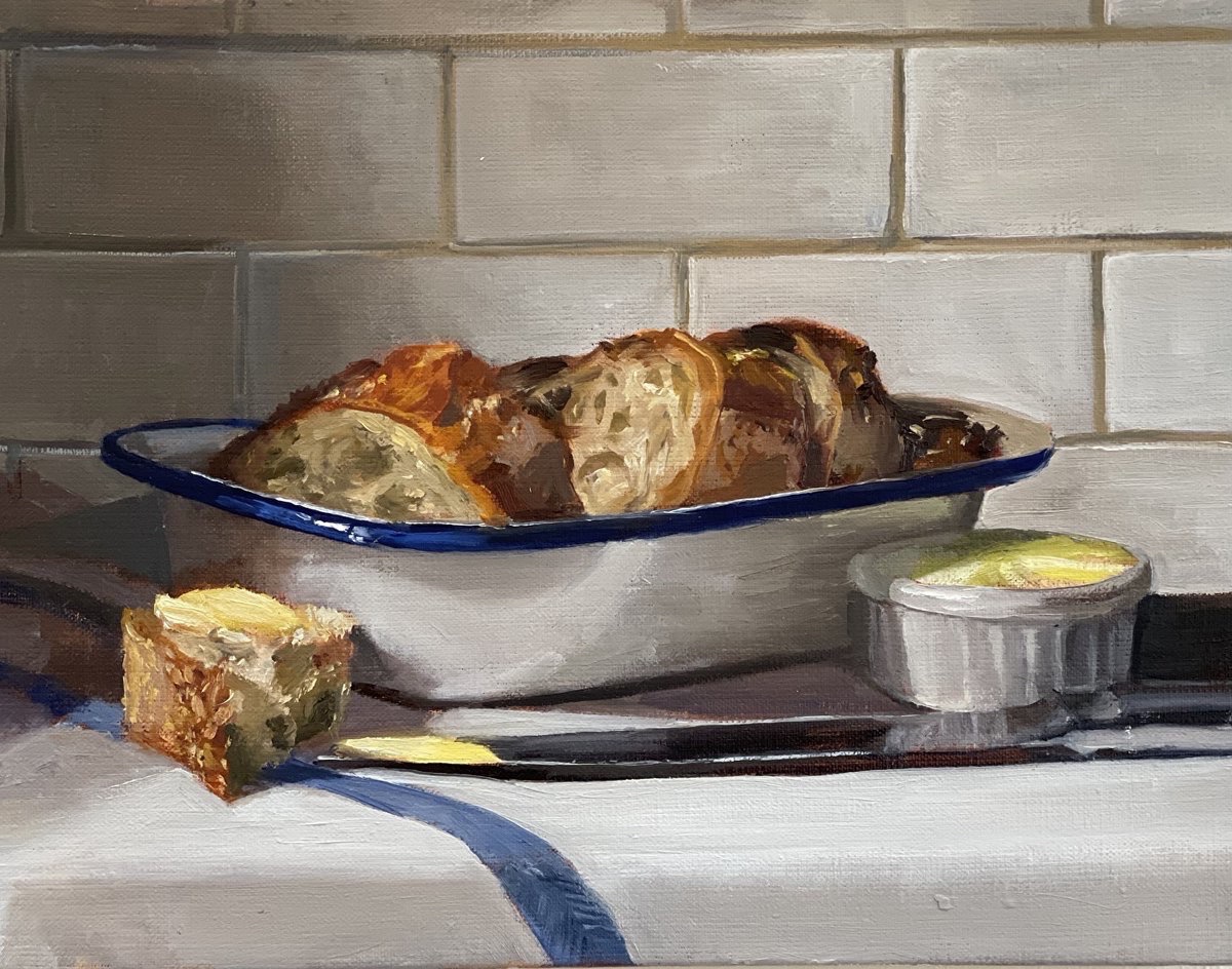 Good Morning my friends, happy Friday! Which of you, if your son asks for bread, will give him a stone? ~ Matthew 7:9 Bread and Butter, oil on canvas 🎨 Joel Mitnick, American