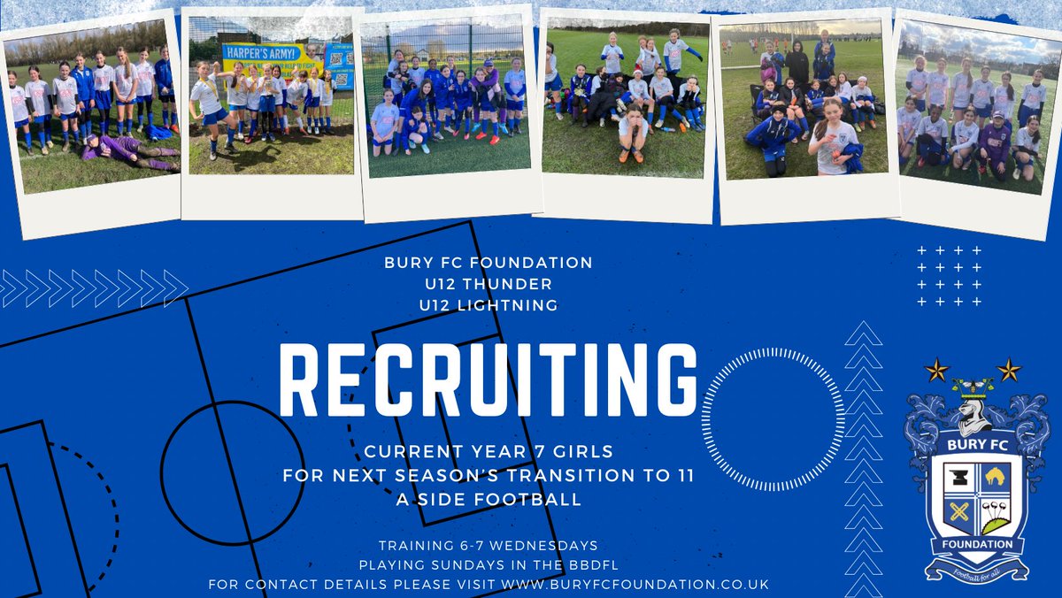 As we move to 11 a side football next season, our <a href="/BuryFCFoundatn/">Bury FC Foundation</a> U12 Thunder and Lightning teams are looking to add players to our squads.