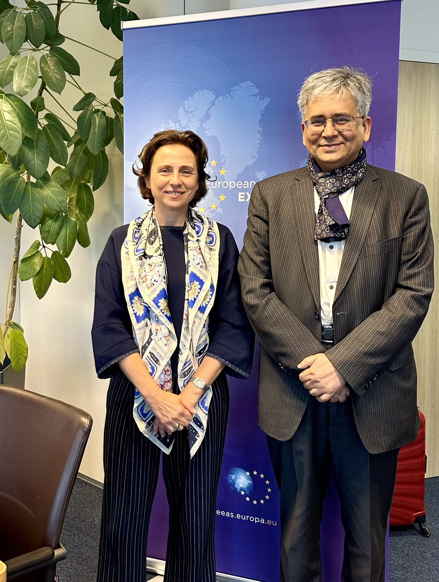 Amb @AmbSaurabhKumar met Ms Belen Martinez, acting DSG for Economic and Global issues @eu_eeas Discussed review of 🇮🇳🇪🇺 Strategic Partnership and the Roadmap 2025; TTC & other institutional dialogue mechanisms; FTA; connectivity & digital partnerships; & multilateral cooperation