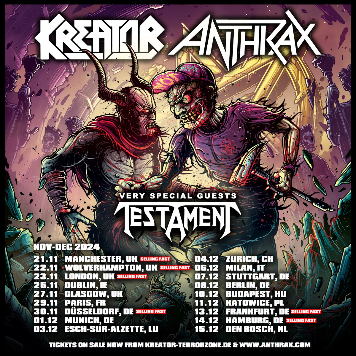 Hordes! Kreator tour the UK and Europe with Anthrax and special guests Testament, this November ⚔️ We’re planning to bring our most monstrous production to date for some of our biggest ever shows in Europe🔥 Get tickets and VIP now from kreator-terrorzone.de