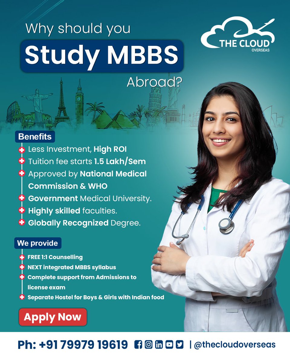 Study MBBS Abroad with help of @thecloudoverseas
Contact us now! 📞7997919619

#thecloudoverseas #studymbbs #studyabroad 
#MBBSAbroad #MedicalEducation #FutureDoctor
#thecloudoverseas #thecloudoverseasconsultancy #telangana #hyderabad #healthcare #PharmD #Bpharmcy #MBBS