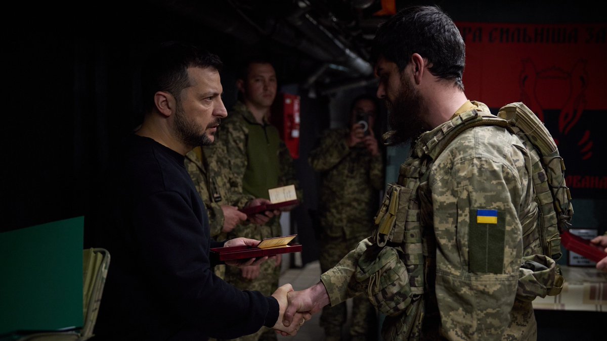 ZelenskyyUa's tweet photo. I visited one of the 41st Mechanized Brigade’s command posts, which is defending Chasiv Yar.

I spoke with the soldiers and received a briefing from the commander on the operational situation in the brigade's area of responsibility as well as the construction of defensive lines. I presented the defenders with awards.

I am pleased to thank and reward our warriors in person. I thank them for fighting for Ukraine, the Ukrainian Donbas, all of our people, and Ukraine's life, which must overcome the ruins brought about by Russia. 

I am proud of our brave warriors.

🇺🇦🇺🇦🇺🇦