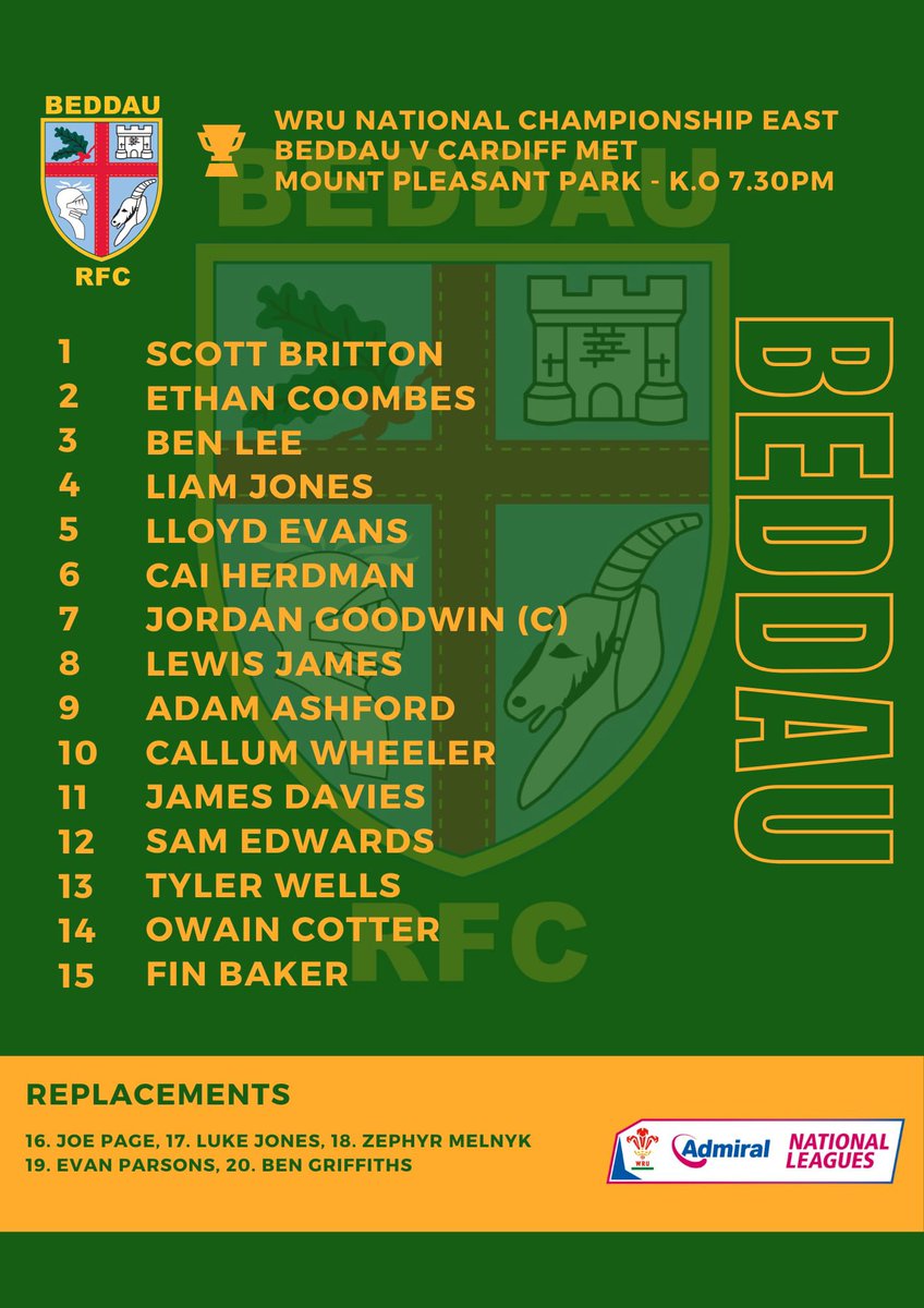 🟢🟡 TEAM NEWS Our 1st XV for the final home game of 2023/24 as they welcome Cardiff Met to Mount Pleasant 🏉