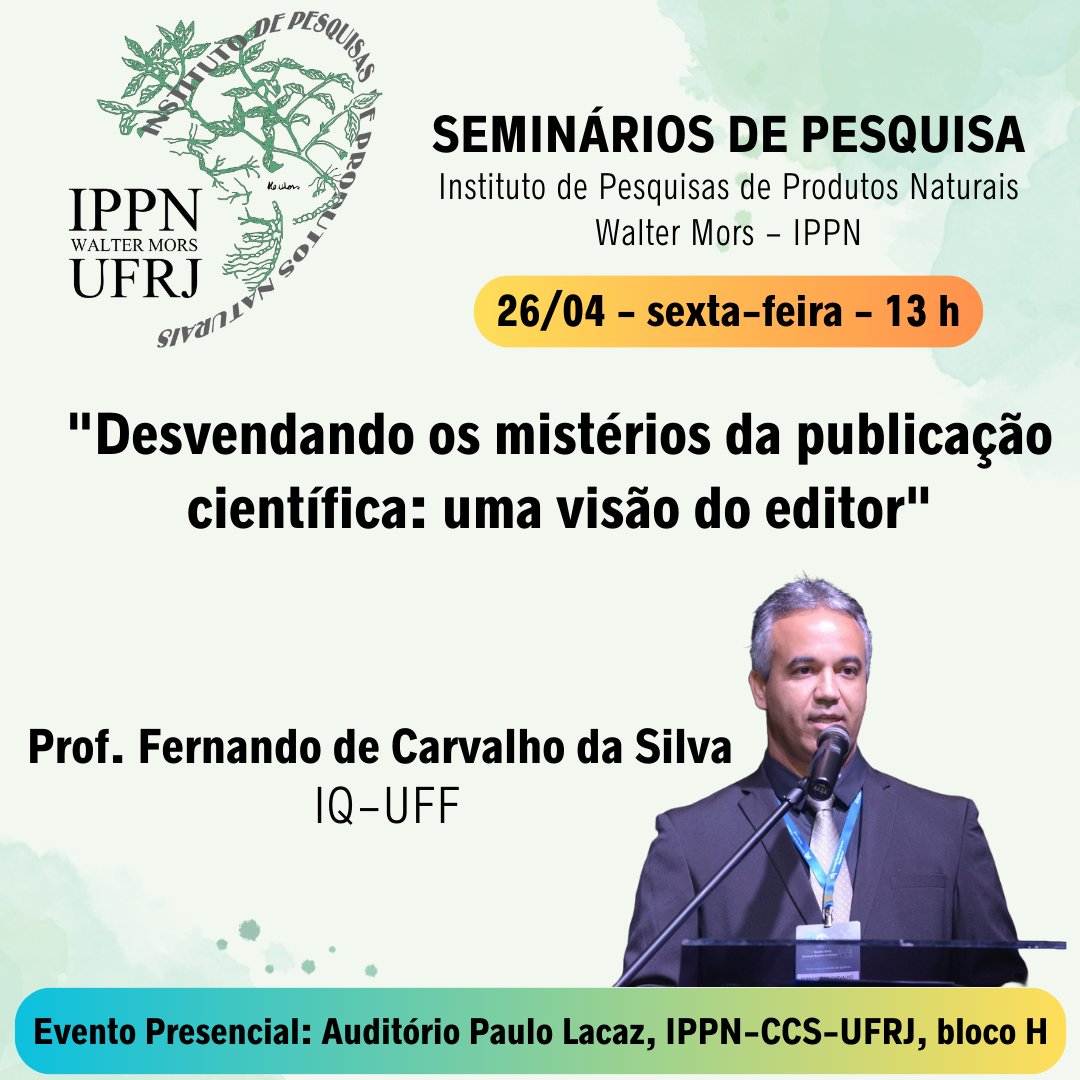 Seminários de Pesquisa: "Desvendando os mistérios da publicação científica: uma visão do editor" com o Prof. Fernando de Carvalho da Silva (IQ-UFF).

📅26/04/24 (sexta-feira) às 13 h
📍Auditório Paulo Lacaz, bloco H do CCS, subsolo