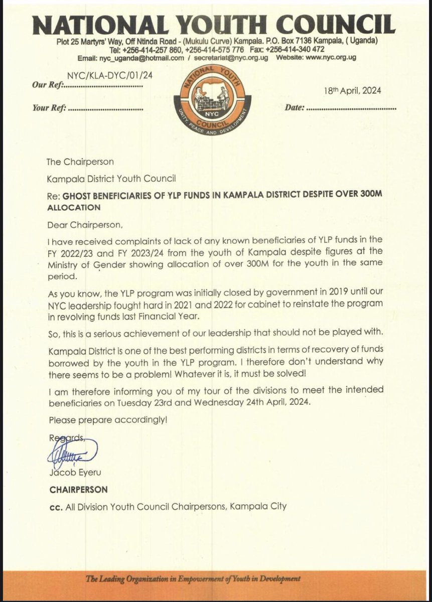 Two Financial Years down the disbursements, I am told Kampala’s youth have not benefitted from the Youth Livelihhod Program we fought hard to return. I have written to the Chairperson Kampala Youth Council for immediate action!