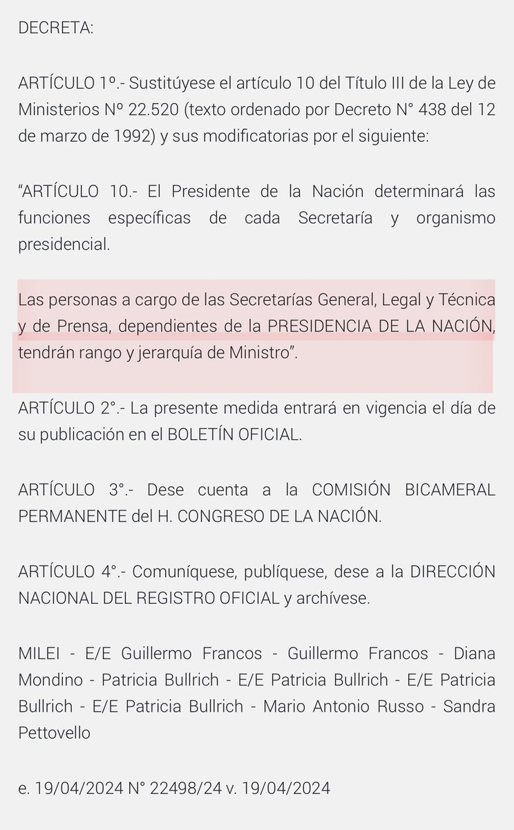 A partir se hoy Karina Milei pasa a tener rango de Ministra, y su sueldo será de 3.584.000 de pesos.

El ascenso fue publicado en el Boletín Oficial de hoy viernes 19 de abril, y lleva la firma de su hermano Javier Milei.
Lo primero es la familia...
boletinoficial.gob.ar/detalleAviso/p…