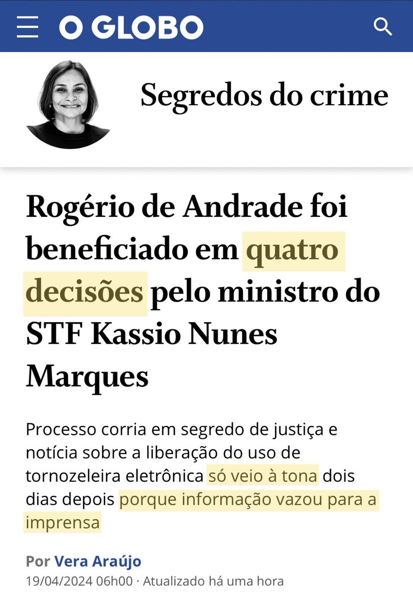 Sabe a decisão do Nunes Marques tirando a tornozeleira eletrônica do Rogério Andrade? Foi a 4ª (QUARTA) o beneficiando