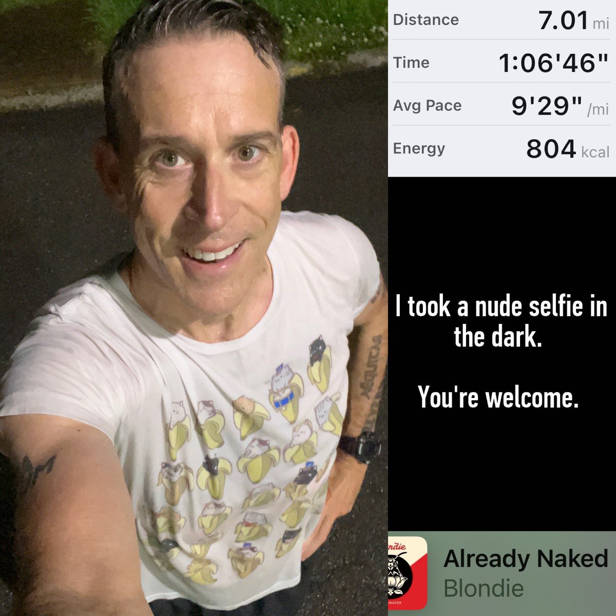 Forgot to check the forecast, got hit with a wonderful downpour halfway through. I f’ing love running in the rain. #runintherain #runningintherain #figleaf5k #bananas #runningafter50