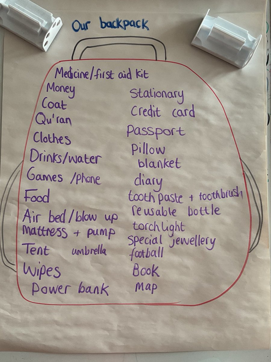 #himid have been thinking about what it might be like to have to leave your home and only take a backpack with you. We thought about what would be most important to take. We are imagining what it might have been like for Ahmet in The Boy At The Back of the Class. @OnjaliRauf