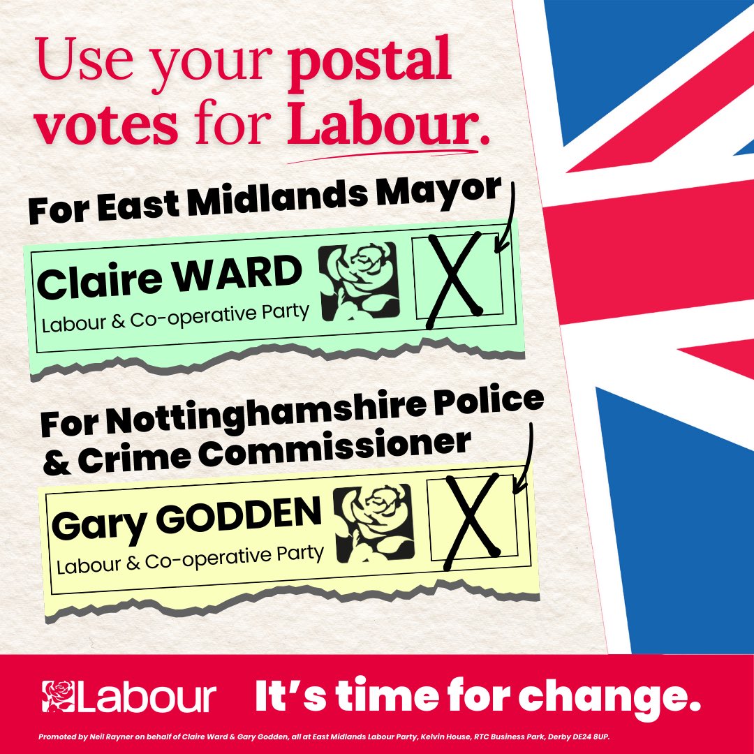 📮 Postal votes are landing. It’s time for a fresh start & change in Nottinghamshire & the East Midlands. Vote @ClaireWard4EM for East Midlands Mayor. Vote @gary_godden for Nottinghamshire Police & Crime Commissioner. Vote Labour.🌹