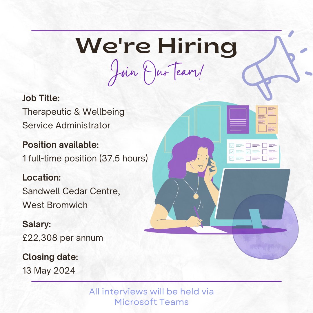 💜We're hiring!💜 Apply to join our team or tag a friend that you think would be interested in joining us! blackcountrywomensaid.co.uk/work-for-us/ #Hiring #Jobs #BlackCountry #Charity