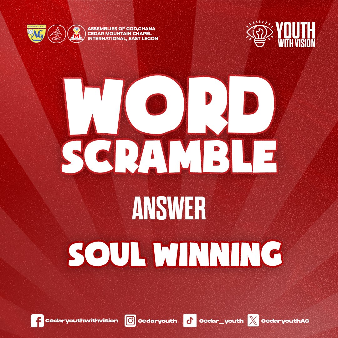 You got it Right!!!💯🥳

As Believers soul winning is a very Important part in our Christian life and we are Mandated to win a Soul for Christ! A Soul is a Soul, and it's Precious to God! 

#WordScramble
#triviaFriday
#SendTheLight