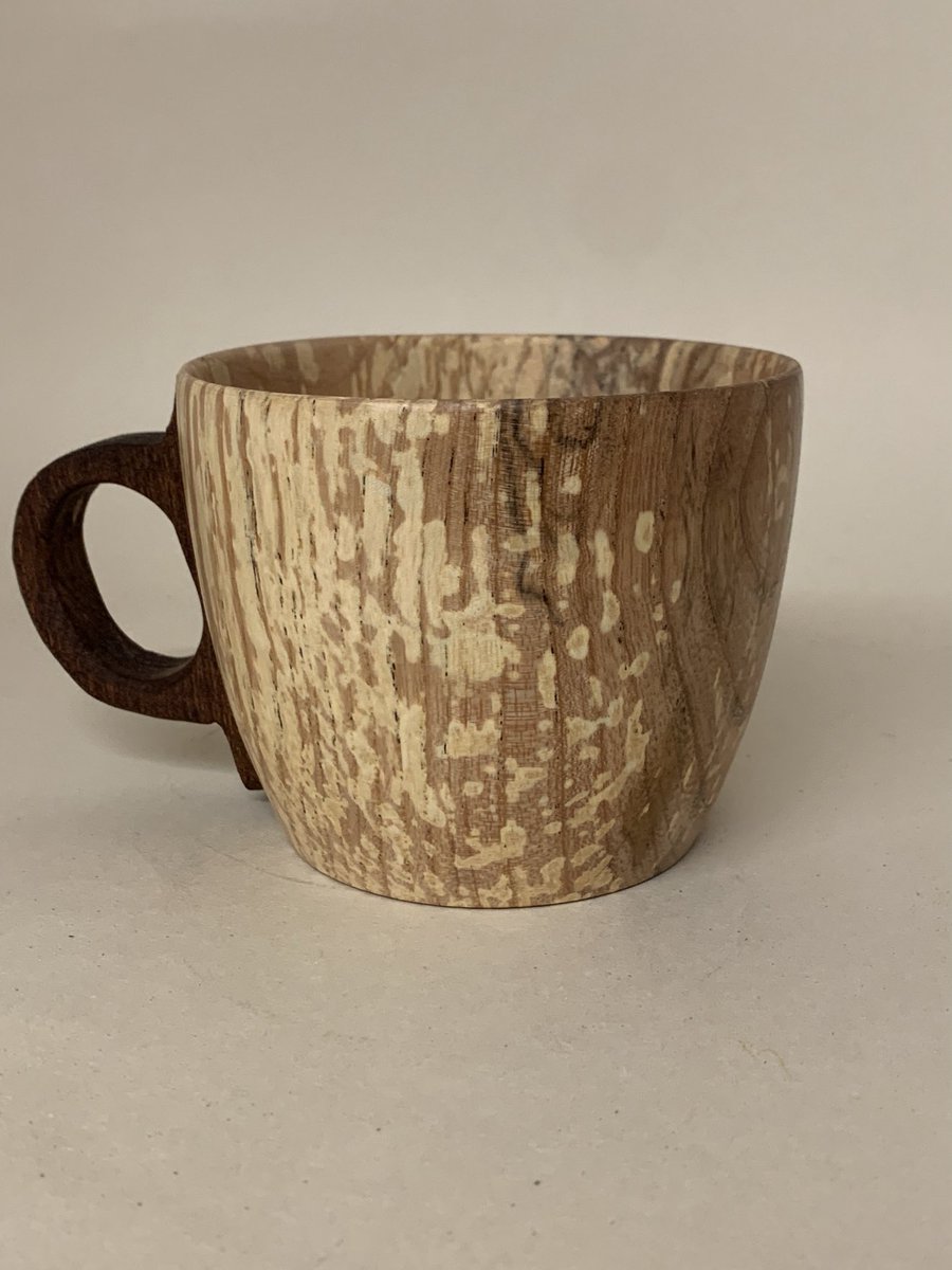 Coffee mug in spalted Ash and Mahogany…a batch of these are in process…