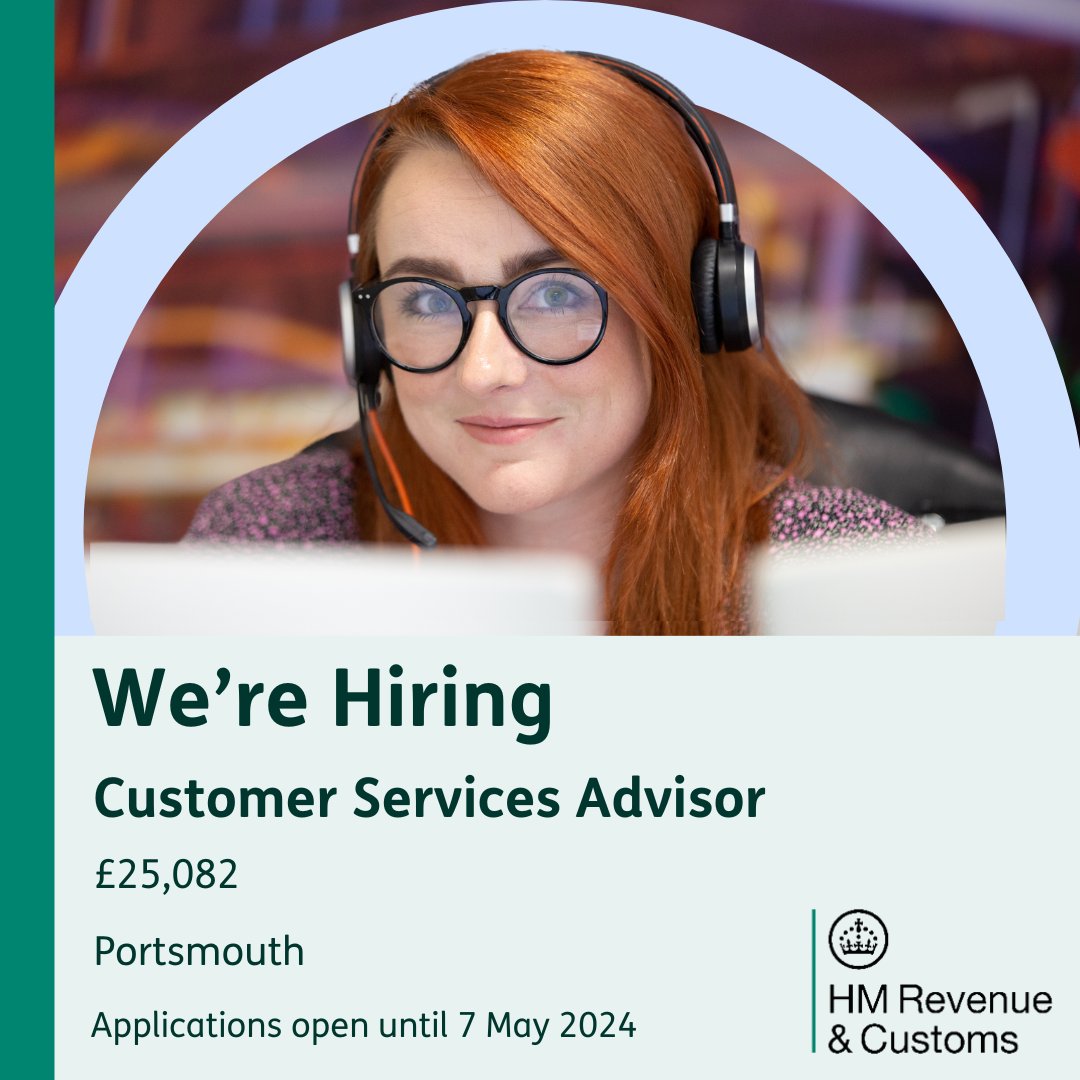 👩‍💻 Customer Services Advisor 💷 Salary: £25,082 We are recruiting for Customer Services Advisors. This is a great role to start your career with us here at HMRC. Apply now. 👇 civilservicejobs.service.gov.uk/csr/jobs.cgi?j… #PeoplePurposePotential #CivilServiceJobs #NewJob