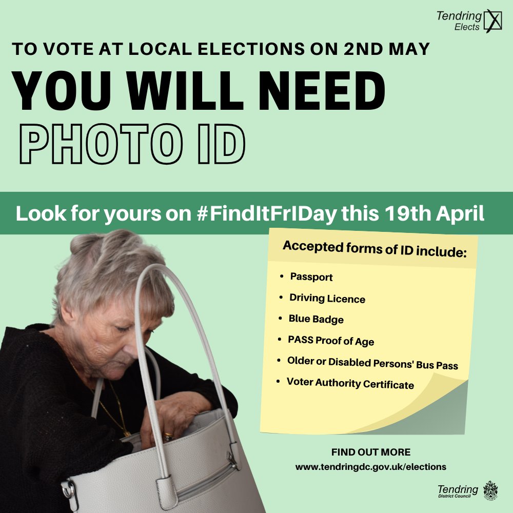 It's Find It Friday! Use today to find your ID so you can vote in the upcoming election on Thursday, 2 May. 📣 Search our website for 'Voter ID' to find out more. #Tendring #Election